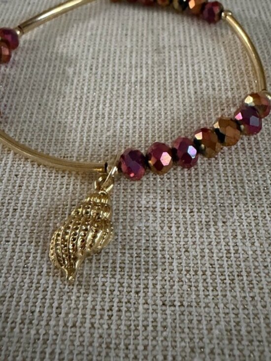 Gold Tone Bracelet with Red and Copper Beads and Leaf Charm - Picture 2 of 3
